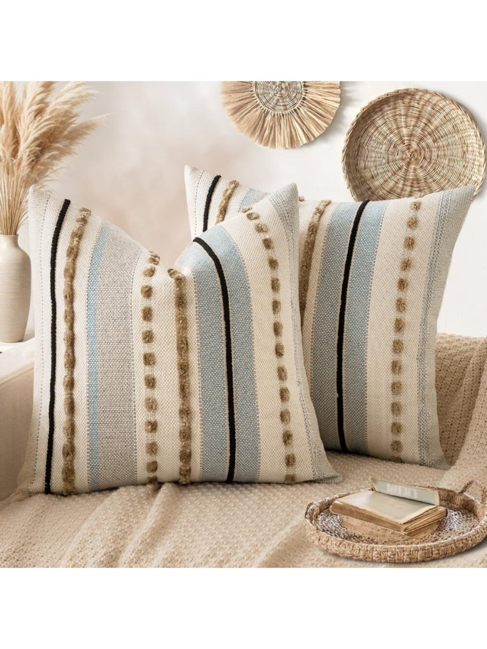 Set of 2 Boho Light Blue Stripe Decorative Pillow Covers 22x22 for Home Decor